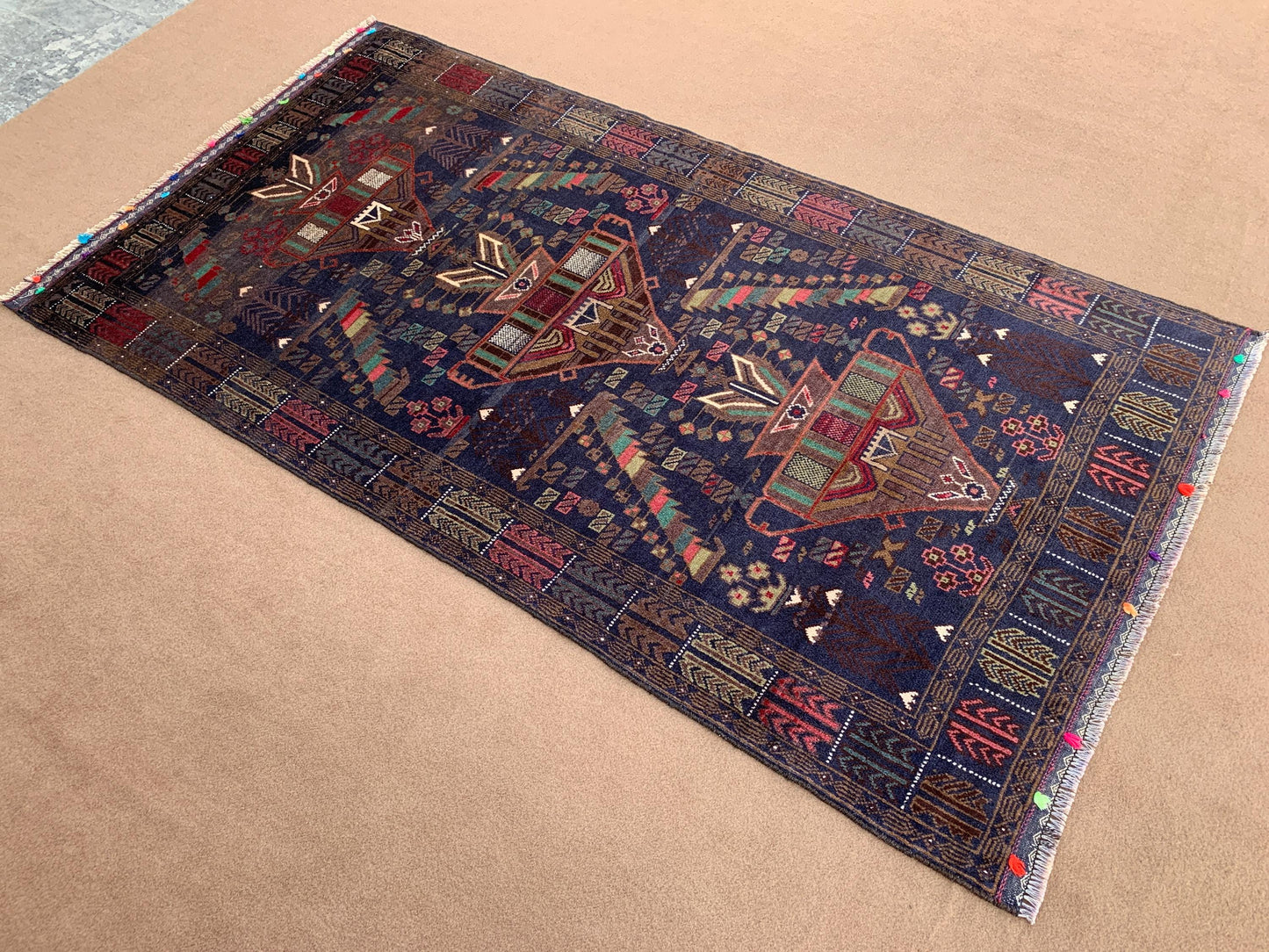 Vintage Geometric Rug 4x6 ft Handmade Afghan Wool Rug Antique Baluchi Area Rug Turkmen Oriental Rug Floral Soft Pile Rug Kitchen Bedroom Rug