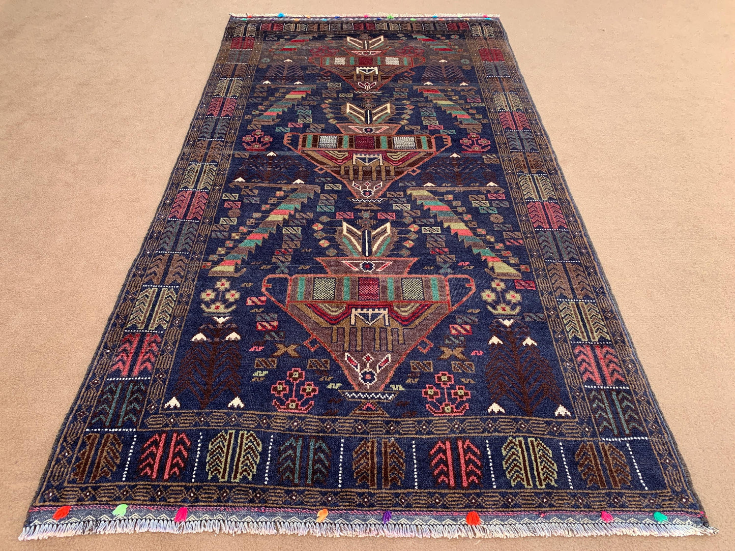 Vintage Geometric Rug 4x6 ft Handmade Afghan Wool Rug Antique Baluchi Area Rug Turkmen Oriental Rug Floral Soft Pile Rug Kitchen Bedroom Rug