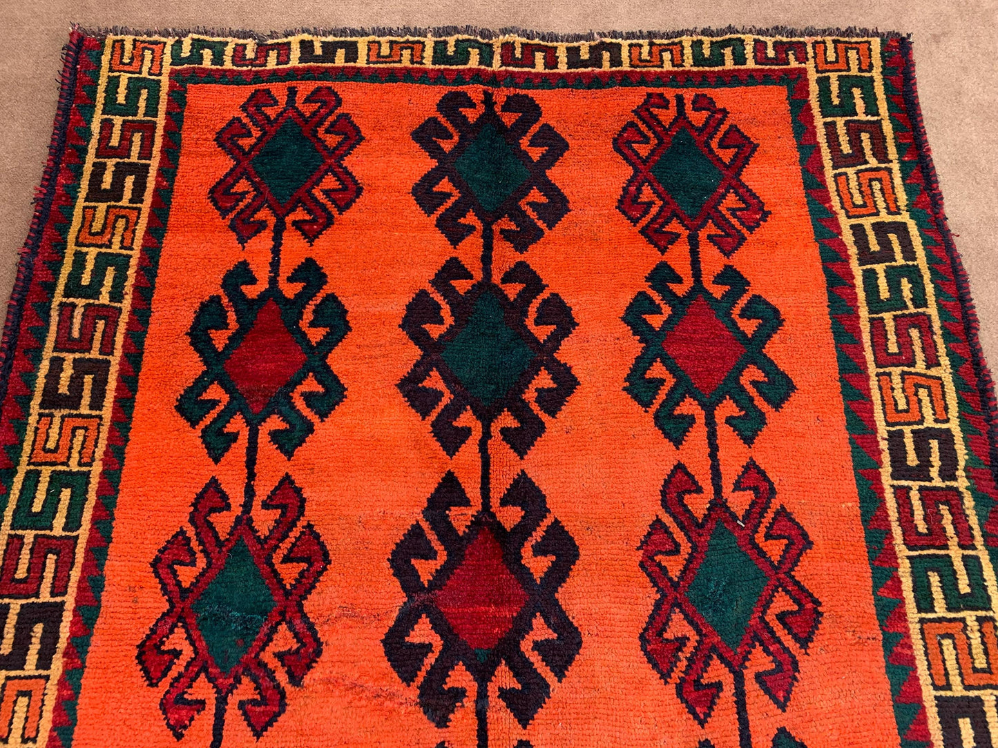 5x9 ft Orange Vintage Turkmen Rug, Handmade Afghan Wool Rug, Oriental Caucasian Rug Soft pile Rug Geometric Antique Rug Bedroom Kitchen Rug.