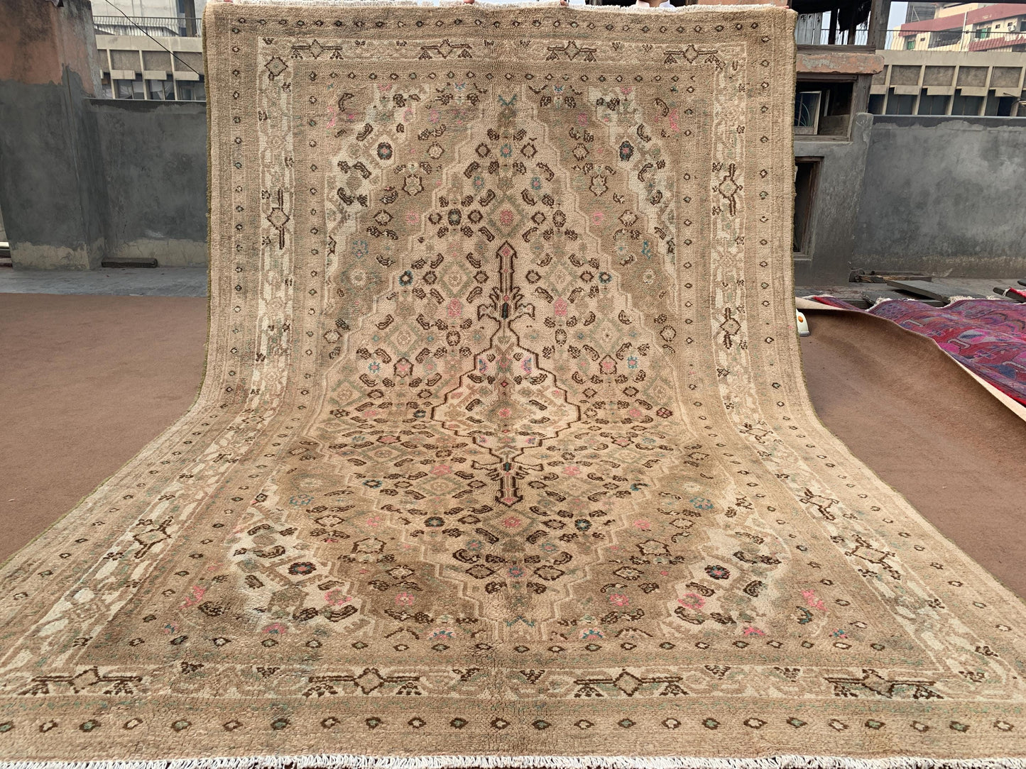 Vintage Collectors Rug 7x10 ft Oriental Caucasian Rug Afghan Handmade Wool Rug, Beige Turkmen Tribal Rug 205x298 cm Antique Living Room Rug.