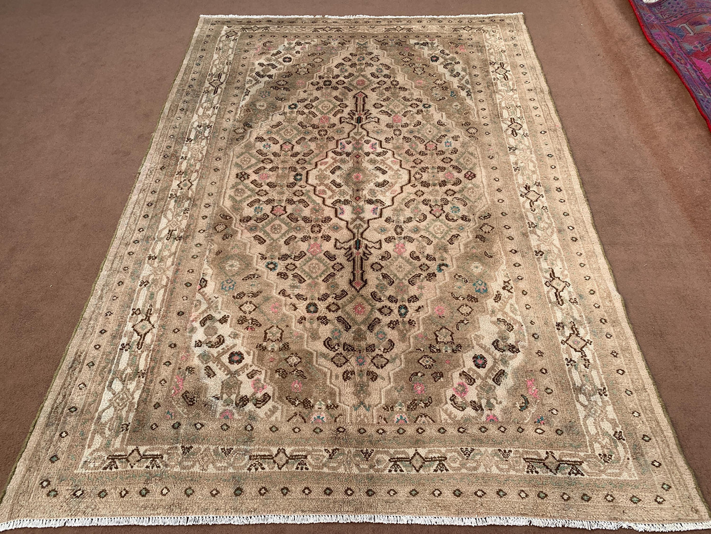 Vintage Collectors Rug 7x10 ft Oriental Caucasian Rug Afghan Handmade Wool Rug, Beige Turkmen Tribal Rug 205x298 cm Antique Living Room Rug.