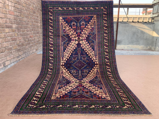 5x8 ft Geometric Vintage Baluchi Rug Handmade Afghan Rug Antique Wool Area Rug Turkmen Oriental Low Pile Rug Tribal Living Room Bedroom Rug.