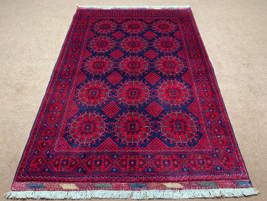 Floral Vintage Kunduzi Design Khal Muhammadi Rug 3x5 Handmade Afghan Wool Area Rug, Turkmen Oriental Rug, 100x150 cm Bedroom Rug Office Rug.