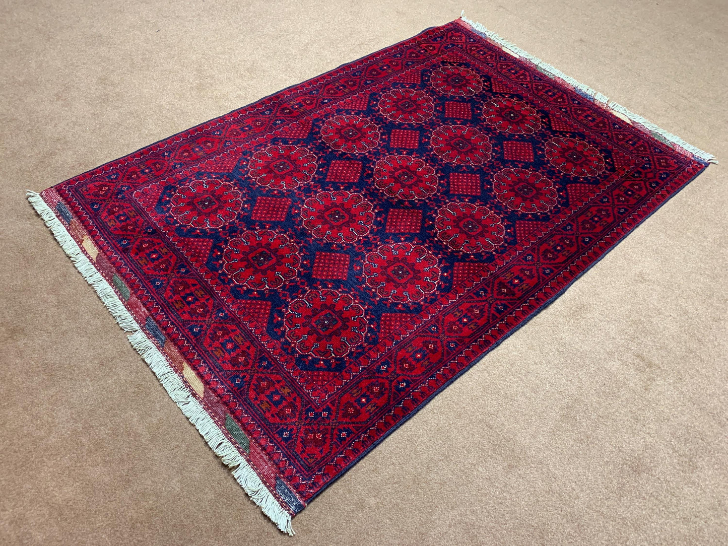 Floral Vintage Kunduzi Design Khal Muhammadi Rug 3x5 Handmade Afghan Wool Area Rug, Turkmen Oriental Rug, 100x150 cm Bedroom Rug Office Rug.