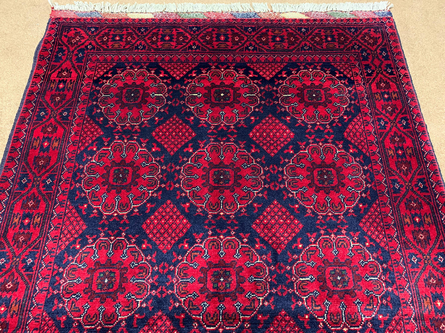 Floral Vintage Kunduzi Design Khal Muhammadi Rug 3x5 Handmade Afghan Wool Area Rug, Turkmen Oriental Rug, 100x150 cm Bedroom Rug Office Rug.