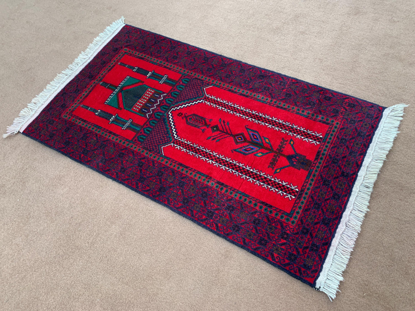 Red Vintage Prayer Rug 3x5 ft Handmade Afghan Prayer Rug, Antique Herati Baluchi Rug Oriental Wool Rug, Islamic Prayer Rug Wall Hanging Rug.