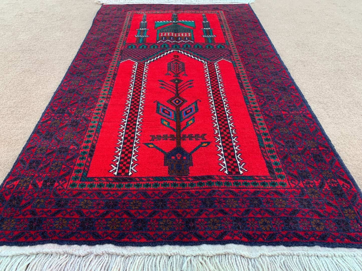 Red Vintage Prayer Rug 3x5 ft Handmade Afghan Prayer Rug, Antique Herati Baluchi Rug Oriental Wool Rug, Islamic Prayer Rug Wall Hanging Rug.