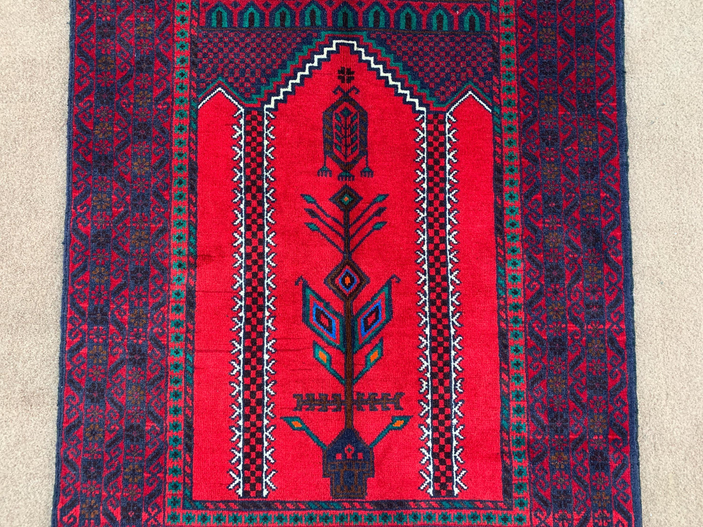 Red Vintage Prayer Rug 3x5 ft Handmade Afghan Prayer Rug, Antique Herati Baluchi Rug Oriental Wool Rug, Islamic Prayer Rug Wall Hanging Rug.