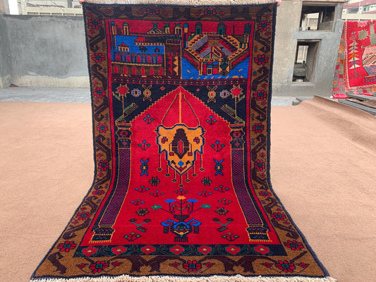 3x5 ft Red Vintage Prayer Rug Handmade Afghan Prayer Rug,