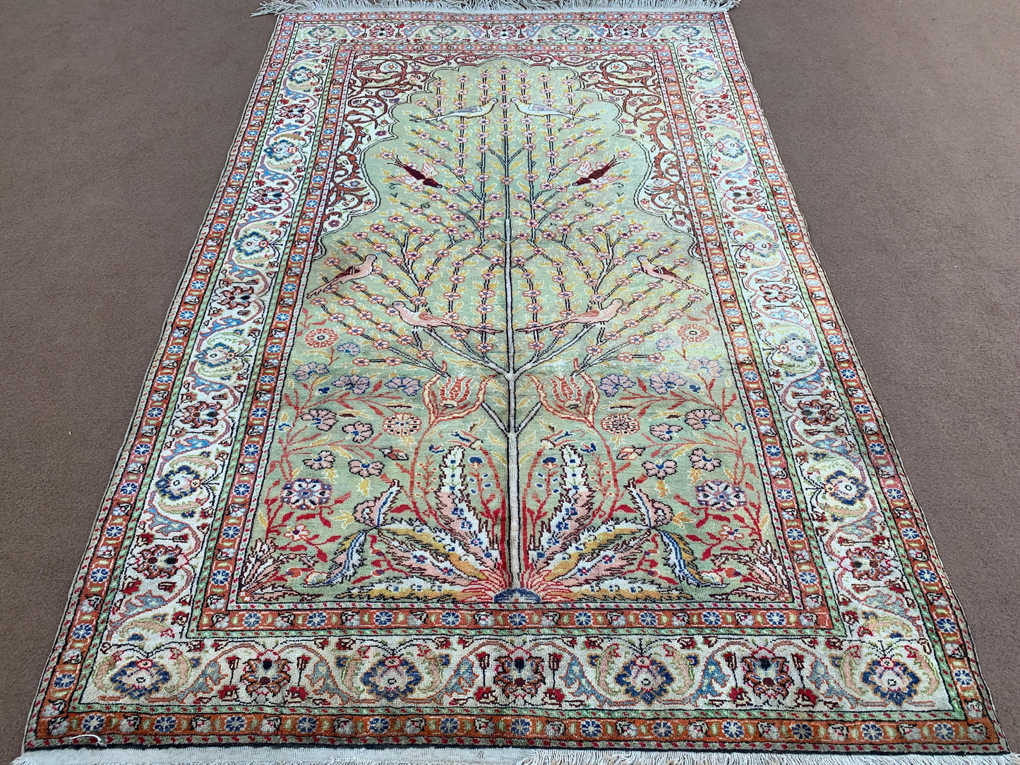 4x6 ft Beige Indian Kashmir silk cotton tree of life Handmade rug