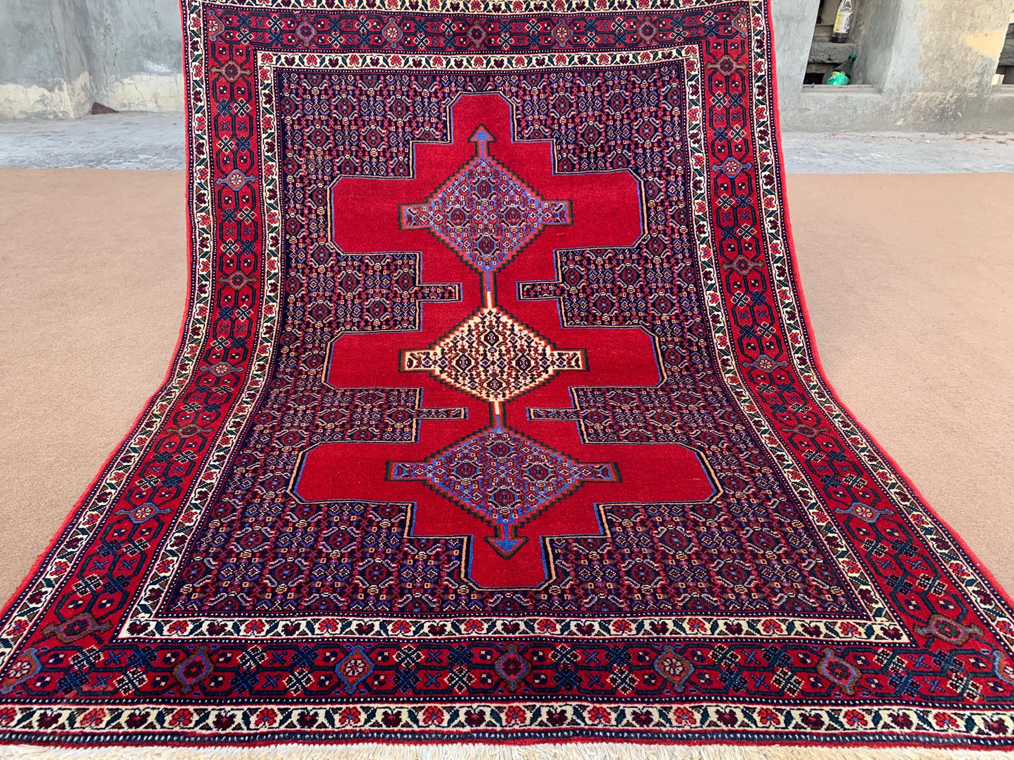 Vintage Heriz Rug 4x6 ft Handmade Red Rug Oriental Wool Rug, Tribal Afghan Rug One of Kind Rug Heriz design Rug, Antique Bedroom Office Rug.