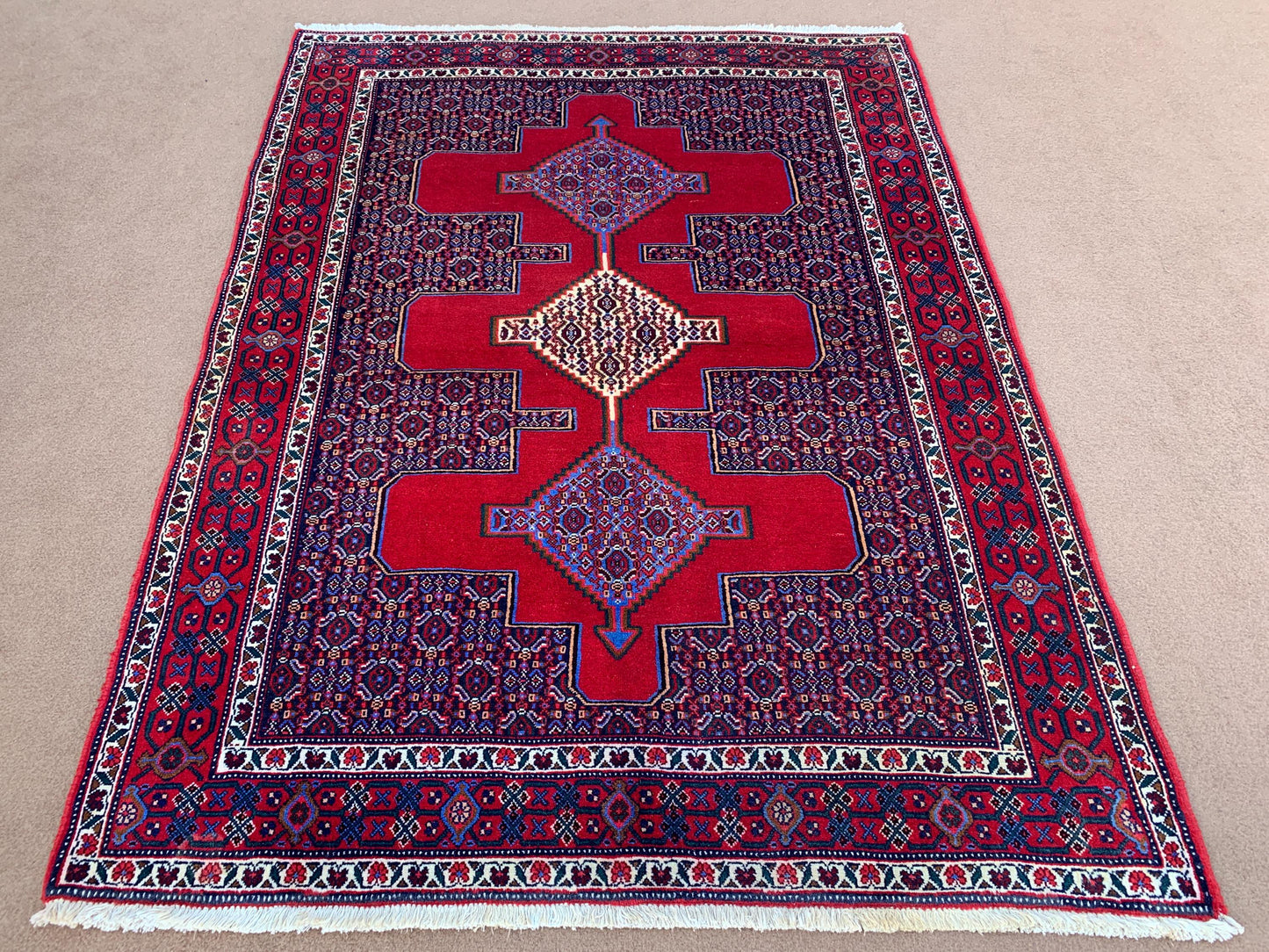 Vintage Heriz Rug 4x6 ft Handmade Red Rug Oriental Wool Rug, Tribal Afghan Rug One of Kind Rug Heriz design Rug, Antique Bedroom Office Rug.