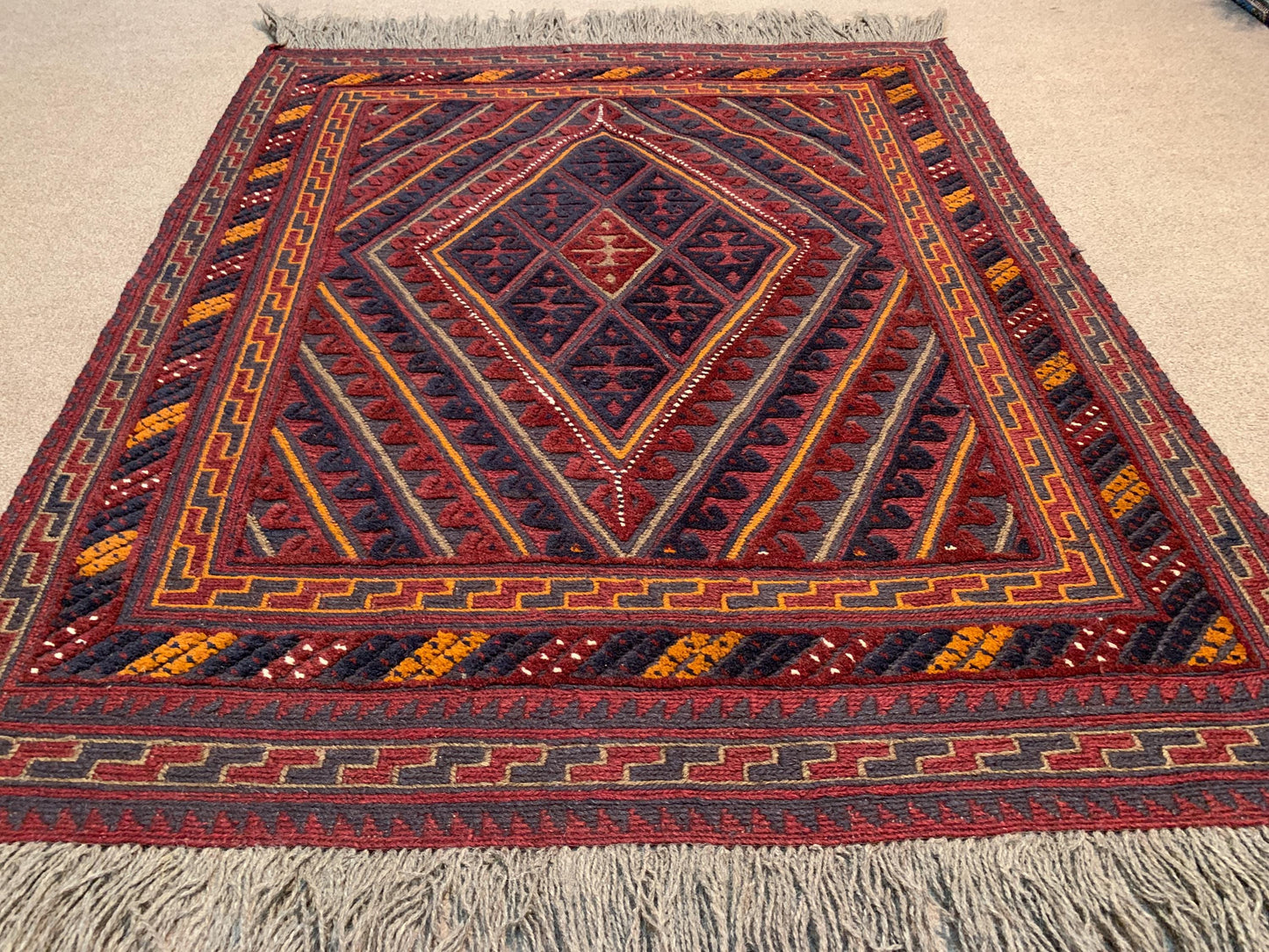 Vintage Square Rug 4x4 ft Handmade Afghan Rug Geometric Wool Rug Mashwani Kilim Rug Tribal Turkmen Rug Oriental Area Rug Bedroom Kitchen Rug