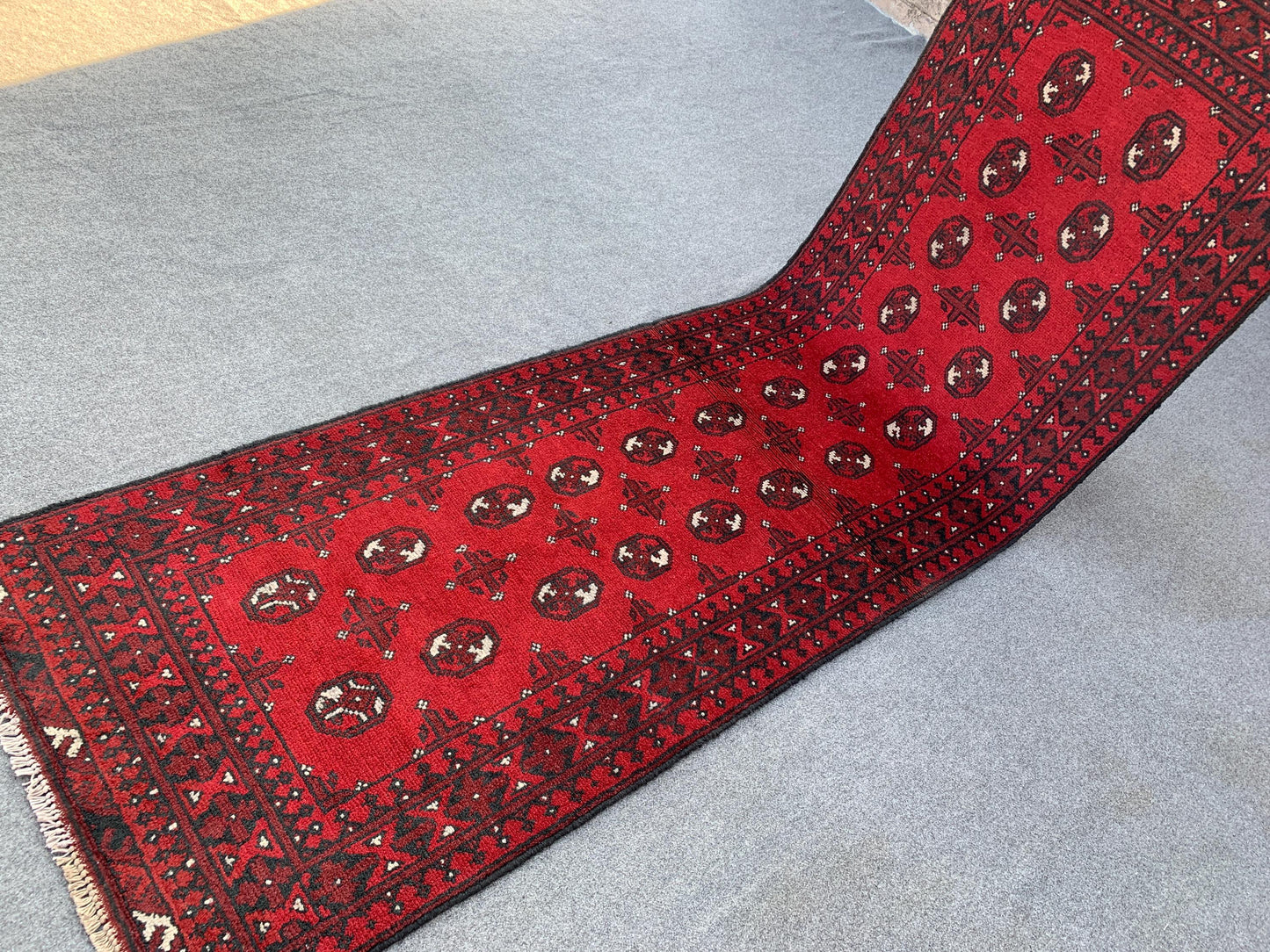 3x9 Red Aqcha Runner Rug Handmade Afghan Rug, Mowri design Aqcha Rug, Oriental Wool Rug High Pile Rug Hallway Runner Rug Kitchen Runner Rug.