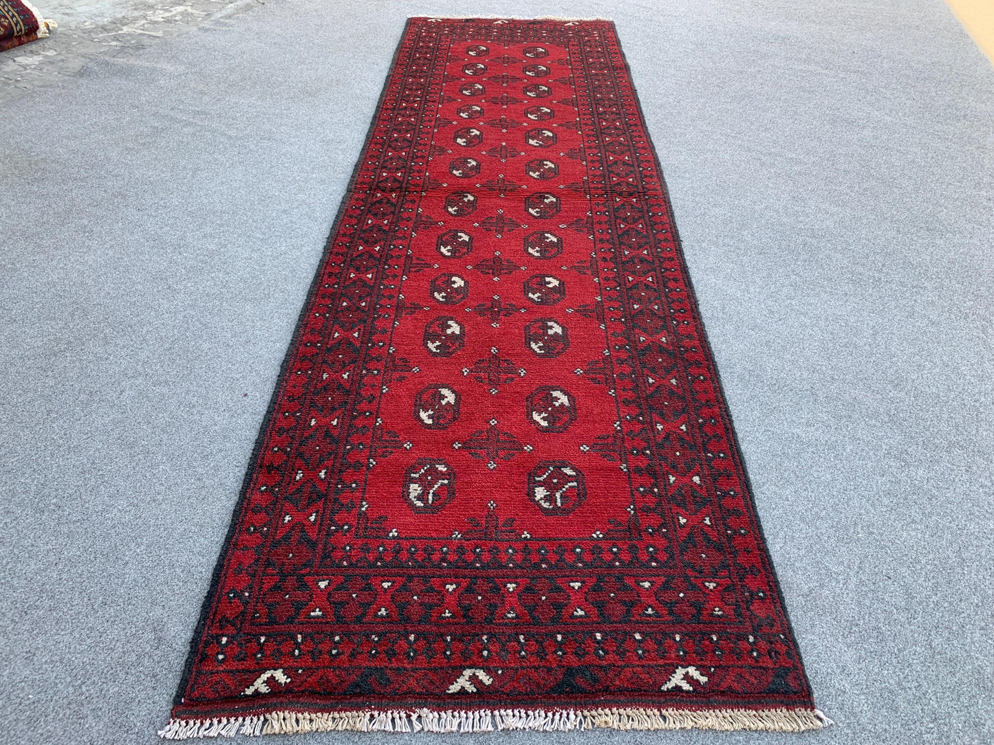 3x9 Red Aqcha Runner Rug Handmade Afghan Rug, Mowri design Aqcha Rug, Oriental Wool Rug High Pile Rug Hallway Runner Rug Kitchen Runner Rug.