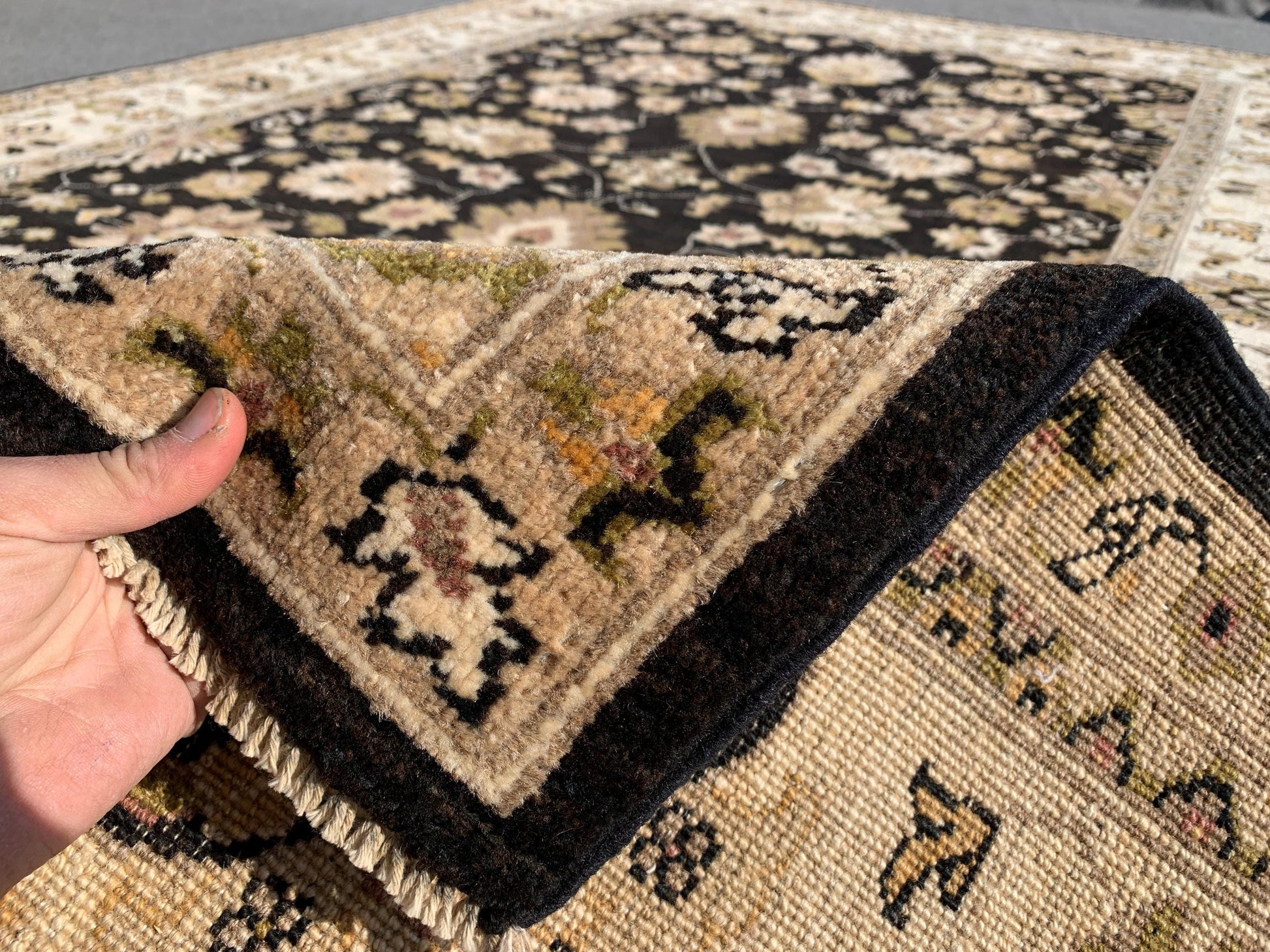 Black Beige Afghan Chobi Rug 7x10 Handmade Turkmen Rug, Floral Chobi Rug, Oriental Wool Area Rug 6.6x9.10 ft Living Room Rug Bedroom Rug etc