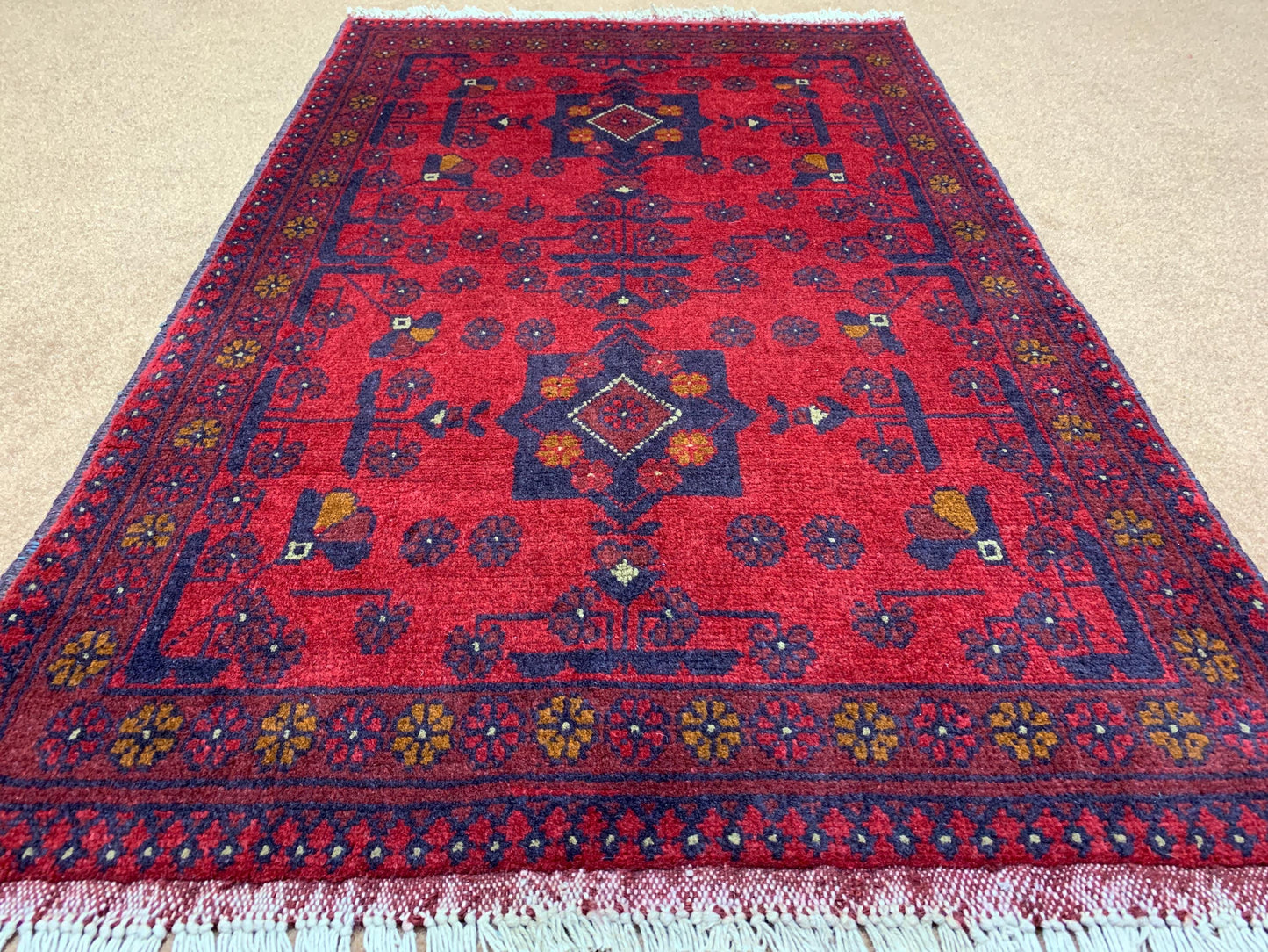 Bukhara design Rug 3x4 ft Handmade Afghan Rug, Tribal Wool Area Rug Oriental Khal Muhammadi Rug, Soft Pile Rug Entryway Kitchen Bedroom Rug.