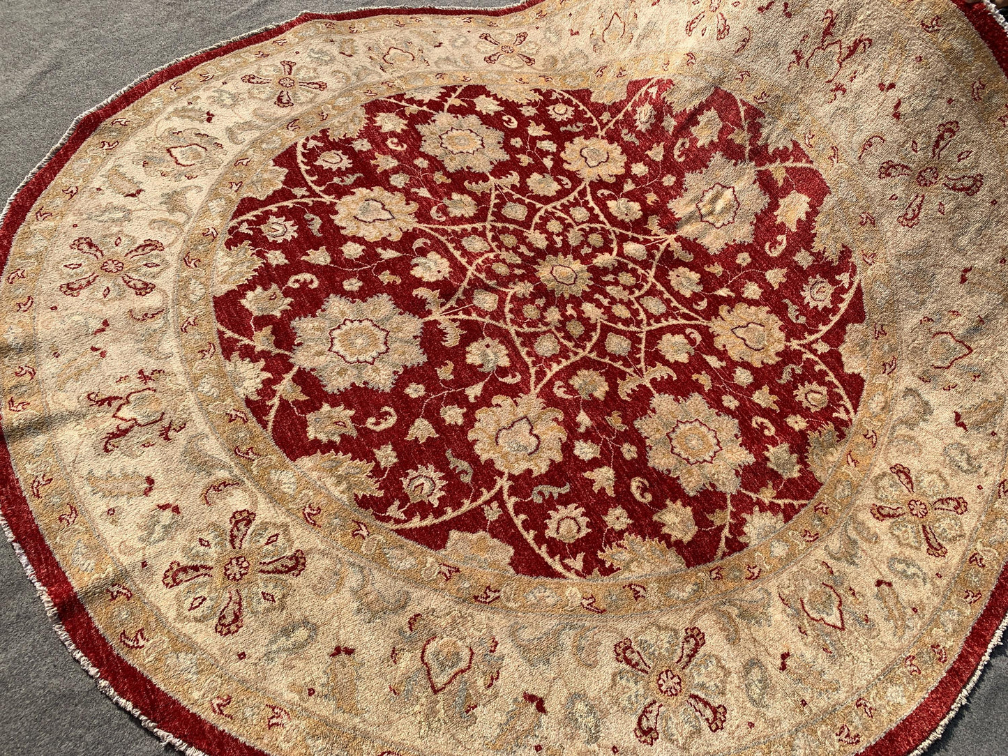 Red Beige Round Chobi Rug 8x8 ft Handmade Afghan Wool Rug Floral Chobi Rug Natural Dyes Rug Oriental Turkmen Rug Living Room Rug Bedroom Rug