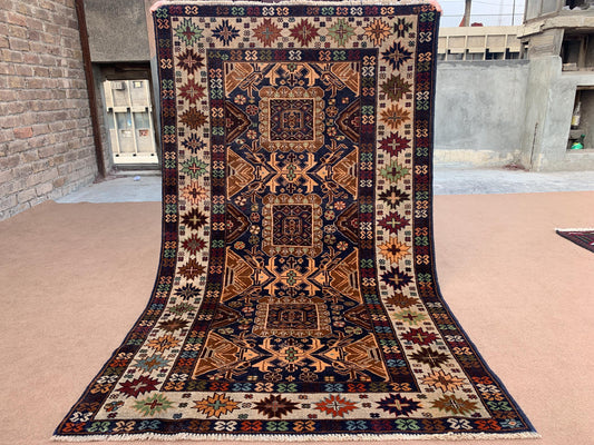 Vintage Tribal Rug 4x6 ft Handmade Afghan Rug Herati Baluchi Rug Geometric Floral Rug Oriental Wool Area Rug Tribal Turkmen Rug Bedroom Rug.