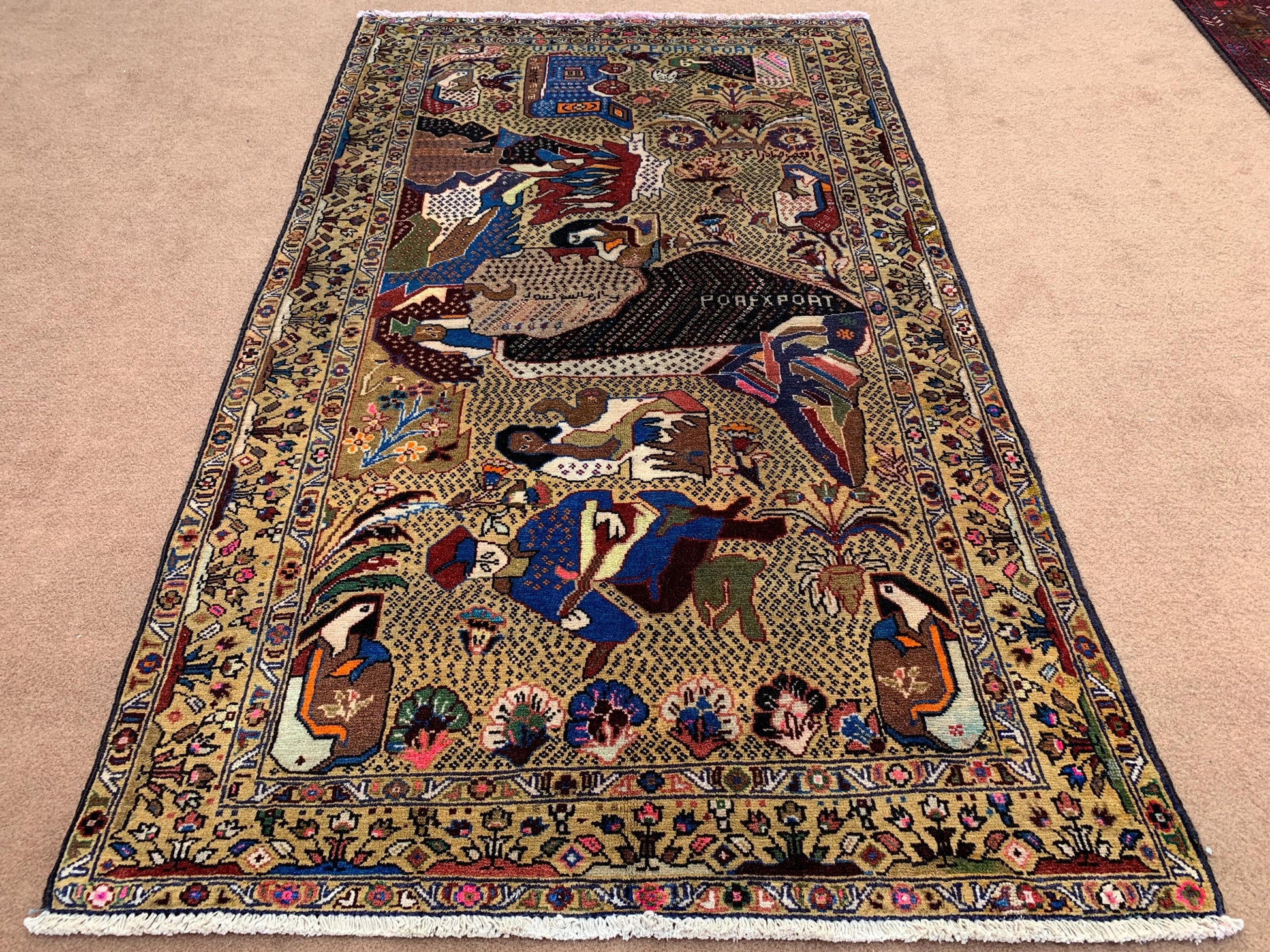 3x5 ft Pictorial Antique Rug 100% Handmade Afghan Rug, Herati Baluchi Rug, Vintage Pictorial Rug Oriental Wool Rug Bedroom Wall Hanging Rug.