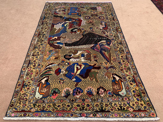 3x5 ft Pictorial Antique Rug 100% Handmade Afghan Rug, Herati Baluchi Rug, Vintage Pictorial Rug Oriental Wool Rug Bedroom Wall Hanging Rug.