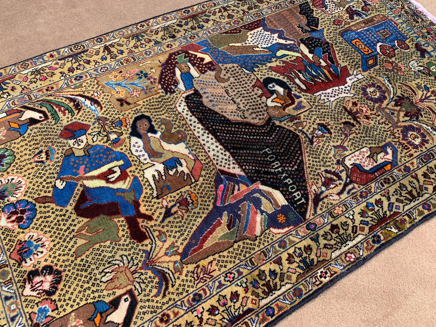3x5 ft Pictorial Antique Rug 100% Handmade Afghan Rug, Herati Baluchi Rug, Vintage Pictorial Rug Oriental Wool Rug Bedroom Wall Hanging Rug.