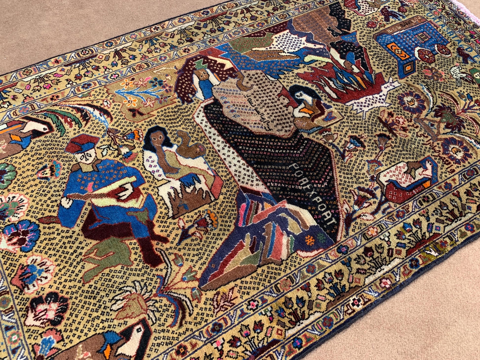 3x5 ft Pictorial Antique Rug 100% Handmade Afghan Rug, Herati Baluchi Rug, Vintage Pictorial Rug Oriental Wool Rug Bedroom Wall Hanging Rug.