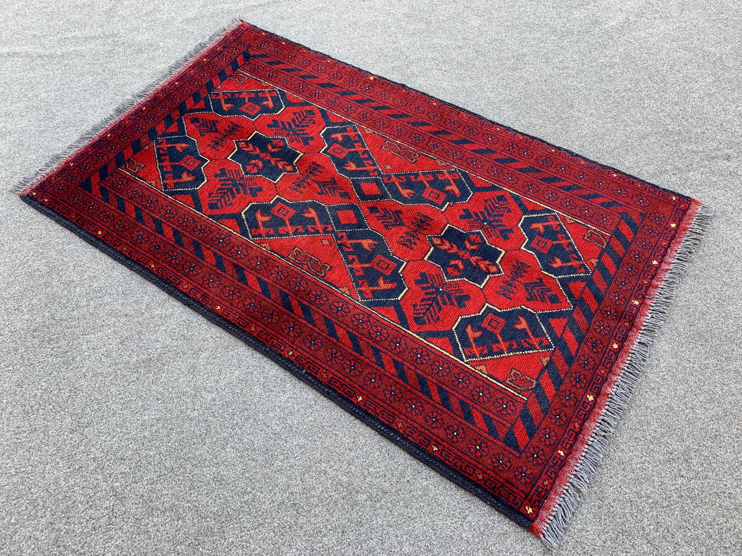 Red Vintage Bukhara Rug 3x4 ft Handmade Afghan Rug Khal Muhammadi design Geometric Rug Tribal Rug Oriental Wool Area Rug Bedroom Kitchen Rug