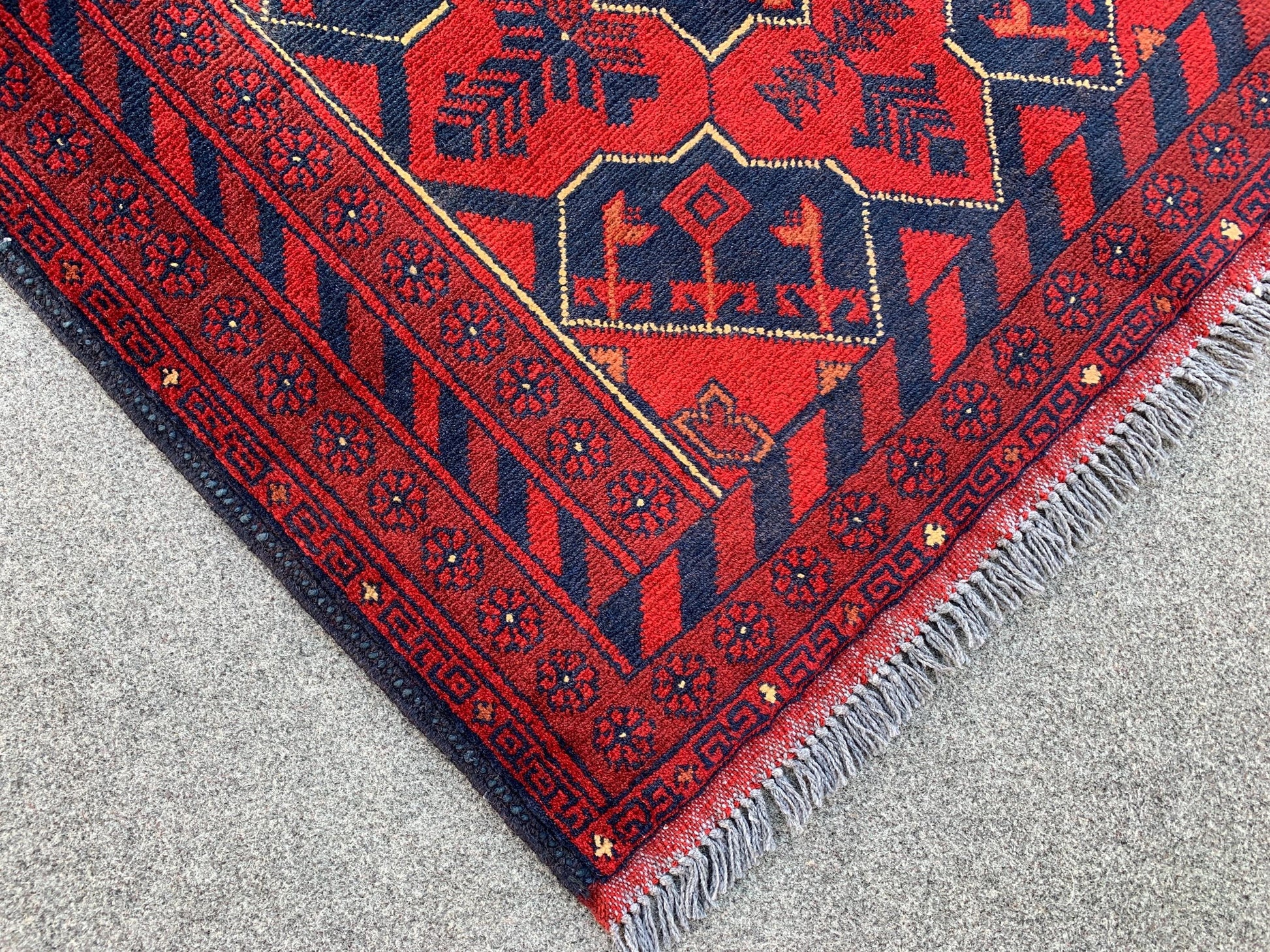 Red Vintage Bukhara Rug 3x4 ft Handmade Afghan Rug Khal Muhammadi design Geometric Rug Tribal Rug Oriental Wool Area Rug Bedroom Kitchen Rug