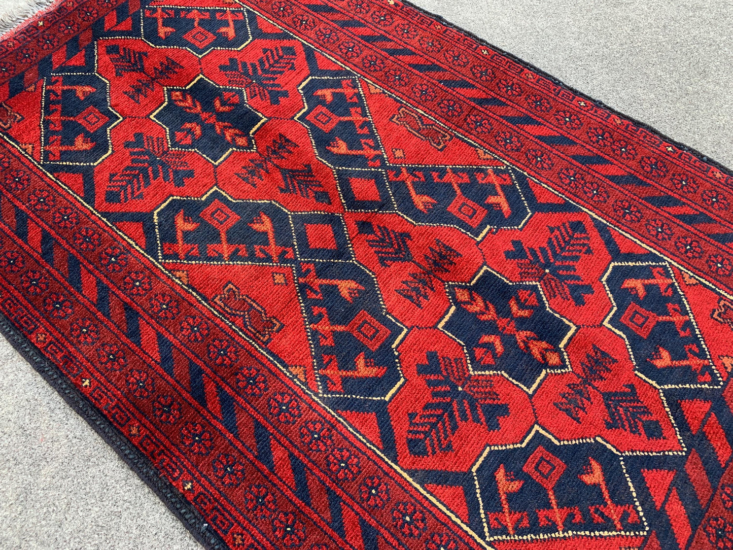 Red Vintage Bukhara Rug 3x4 ft Handmade Afghan Rug Khal Muhammadi design Geometric Rug Tribal Rug Oriental Wool Area Rug Bedroom Kitchen Rug