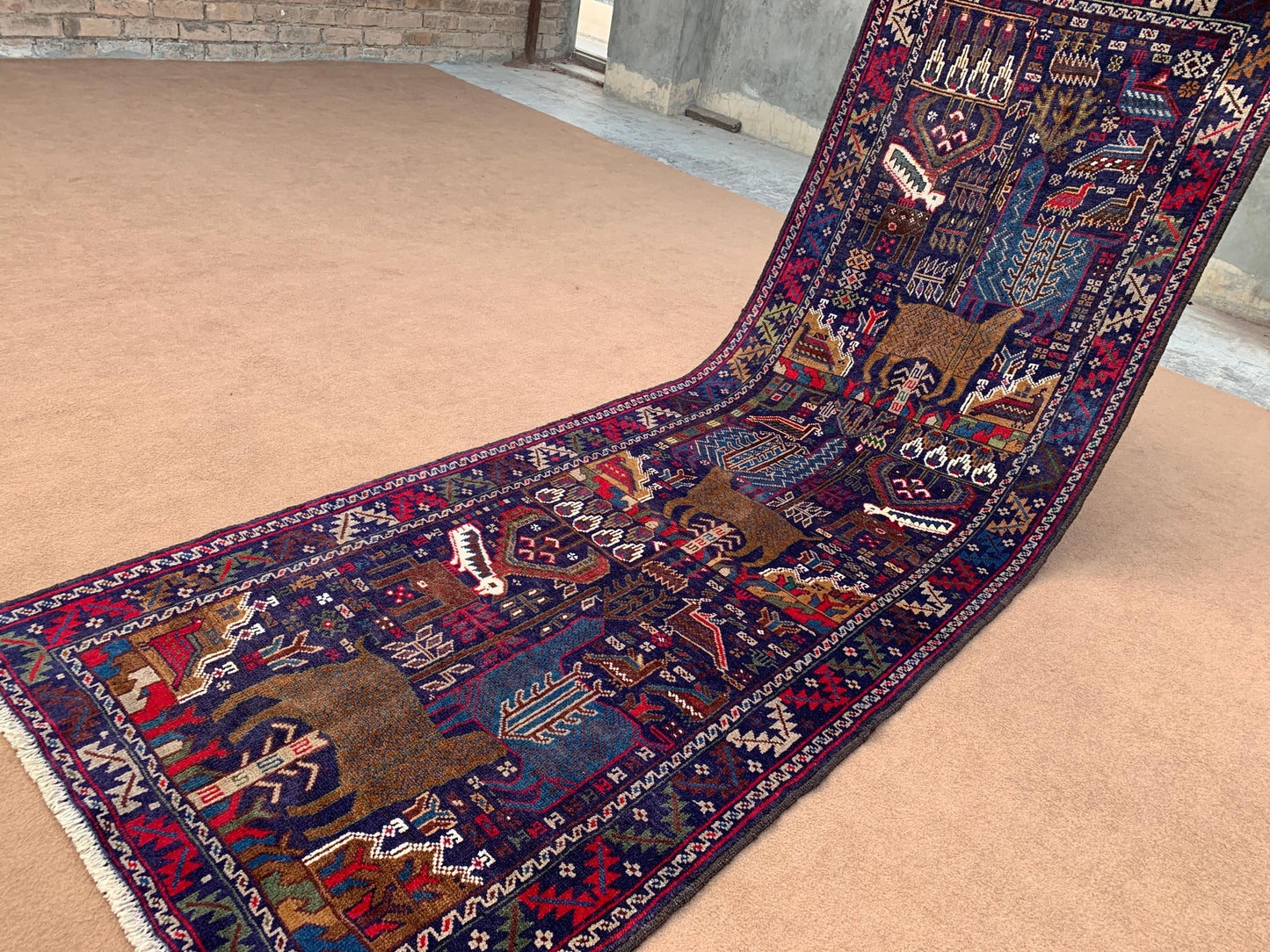 3x10 Ft Vintage Pictorial Runner Rug Handmade Afghan Baluchi Rug Soft Pile Wool Rug Oriental Animal Hunting Rug Kids Room Hallway Runner Rug