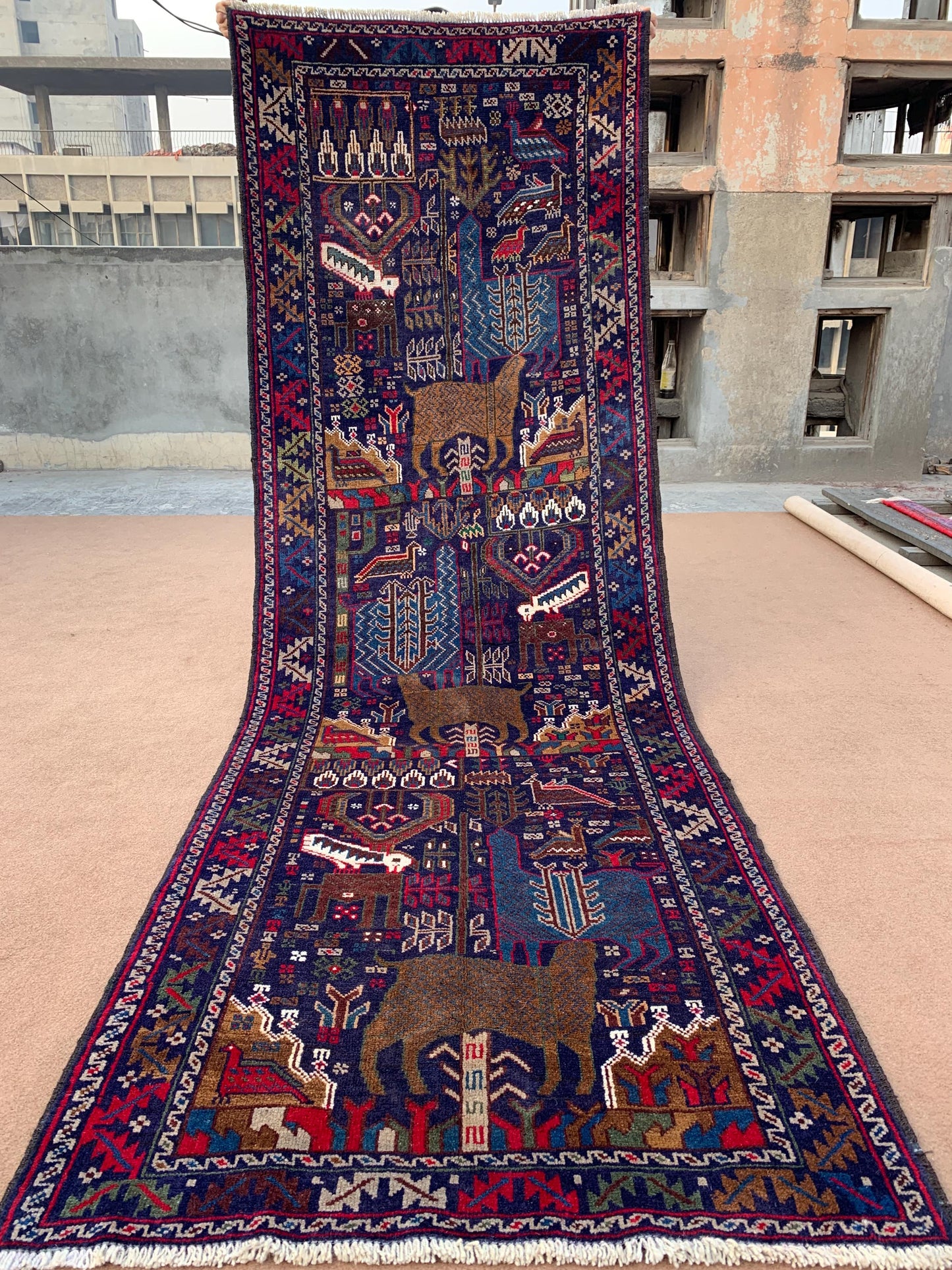 3x10 Ft Vintage Pictorial Runner Rug Handmade Afghan Baluchi Rug Soft Pile Wool Rug Oriental Animal Hunting Rug Kids Room Hallway Runner Rug