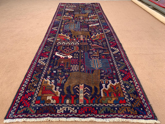 3x10 Ft Vintage Pictorial Runner Rug Handmade Afghan Baluchi Rug Soft Pile Wool Rug Oriental Animal Hunting Rug Kids Room Hallway Runner Rug