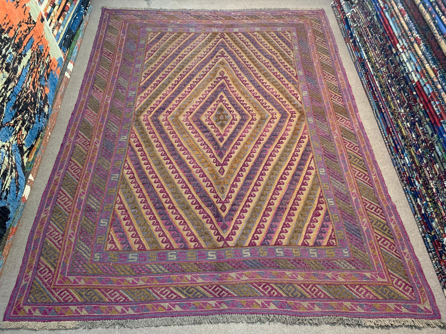 Vintage Afghan Kilim Rug 6x9 ft Hand Knotted Wool Area Rug Oriental Mashwani Kilim Rug Antique Geometric Rug 210x274 cm Tribal Bedroom Rug.