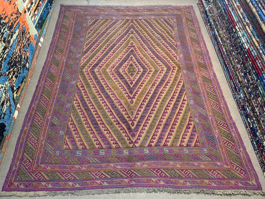 Vintage Afghan Kilim Rug 6x9 ft Hand Knotted Wool Area Rug Oriental Mashwani Kilim Rug Antique Geometric Rug 210x274 cm Tribal Bedroom Rug.