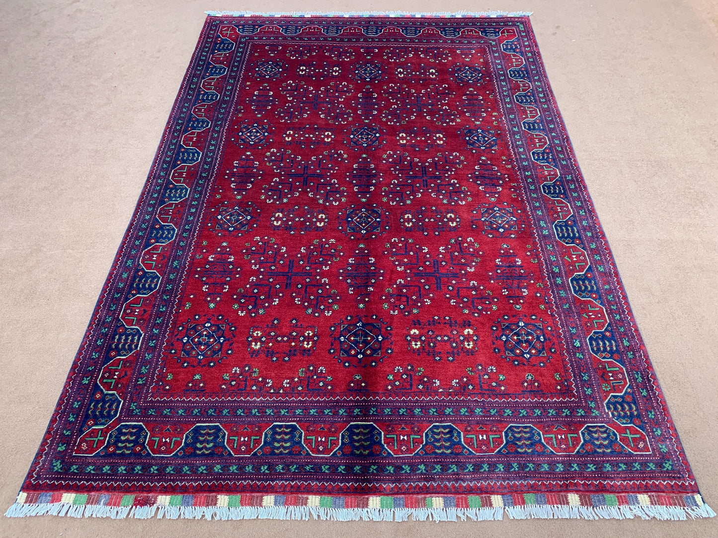 Red Blue Afghan Bukhara Rug 6x9 ft Handmade Turkmen Wool Rug Soft Pile Area Rug High Quality Tribal Rug Gorgeous Oriental Rug 200x280 Cm.