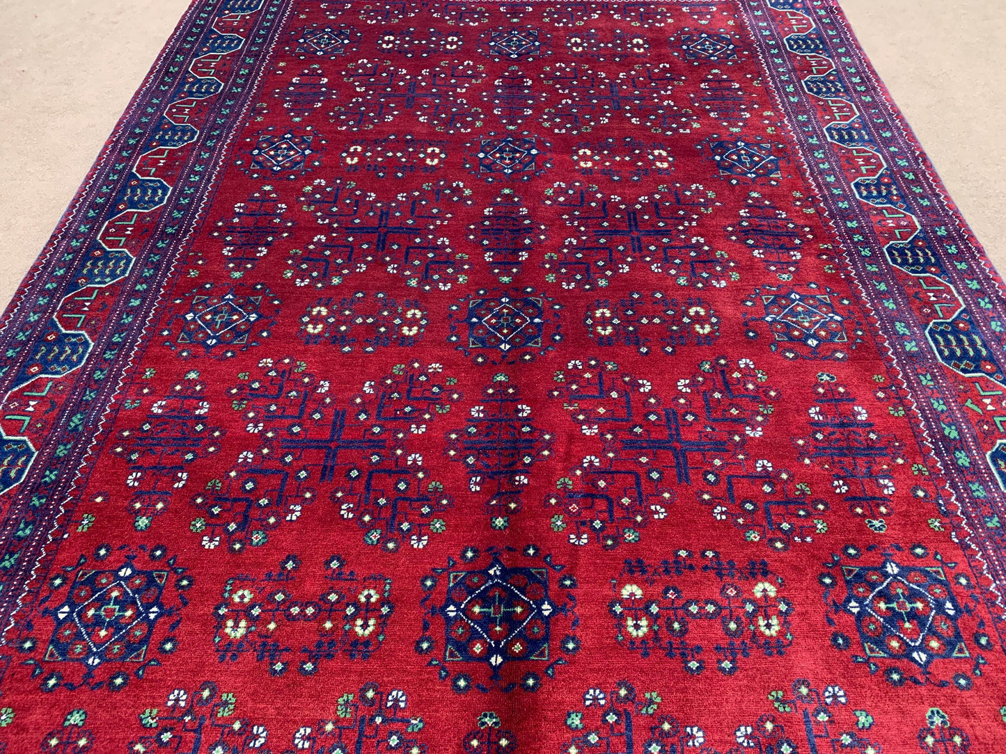 Red Blue Afghan Bukhara Rug 6x9 ft Handmade Turkmen Wool Rug Soft Pile Area Rug High Quality Tribal Rug Gorgeous Oriental Rug 200x280 Cm.