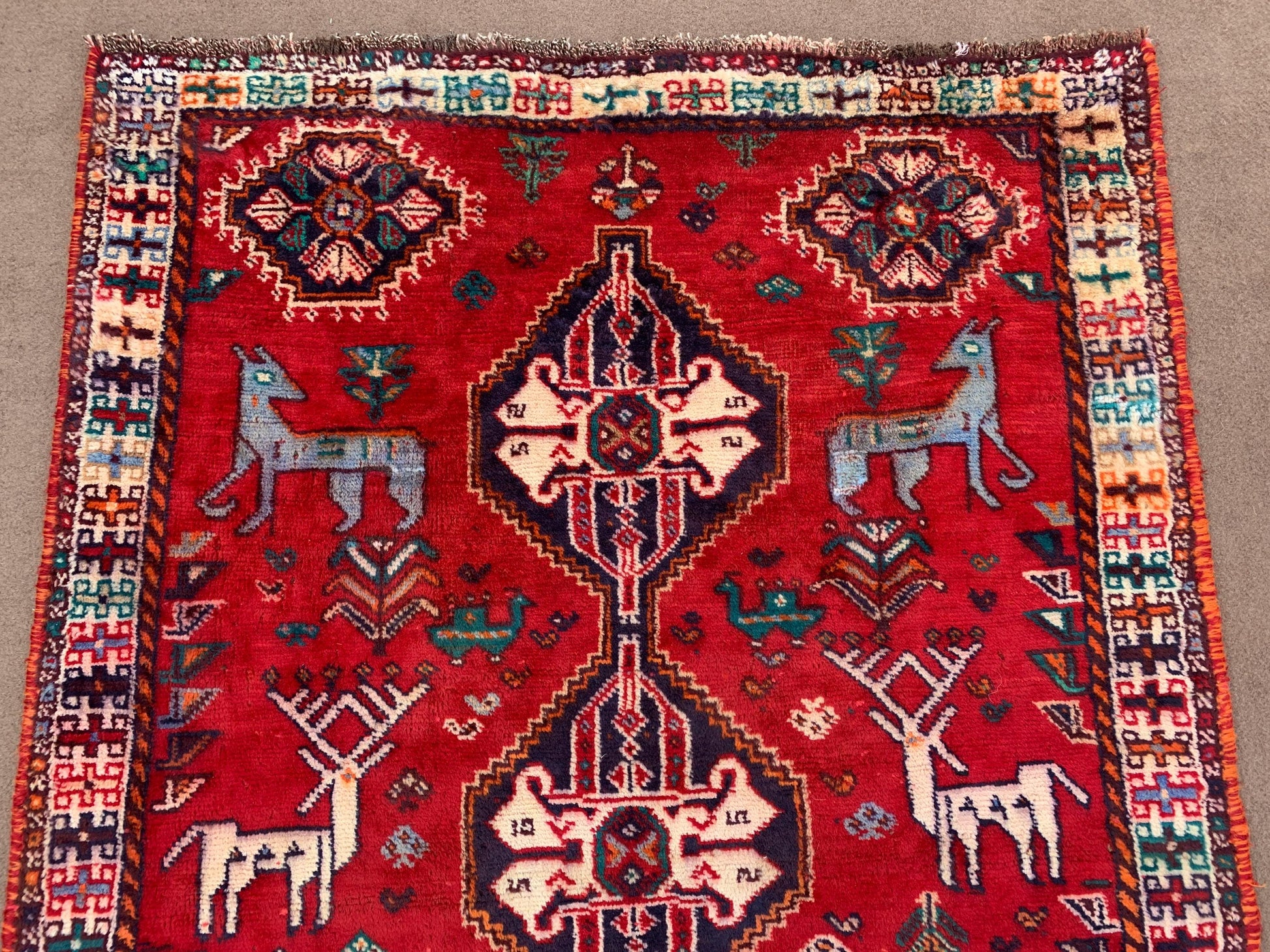 Vintage Pictorial Rug 4x5 ft Handmade Afghan Rug Animal Hunting Scene Rug, Collectors Piece Rug Oriental Wool Rug Kids Room Rug Bedroom Rug.