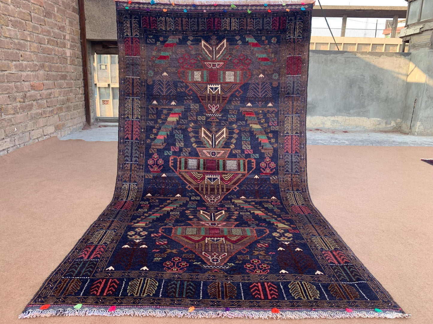 Vintage Geometric Rug 4x6 ft Handmade Afghan Wool Rug Antique Baluchi Area Rug Turkmen Oriental Rug Floral Soft Pile Rug Kitchen Bedroom Rug