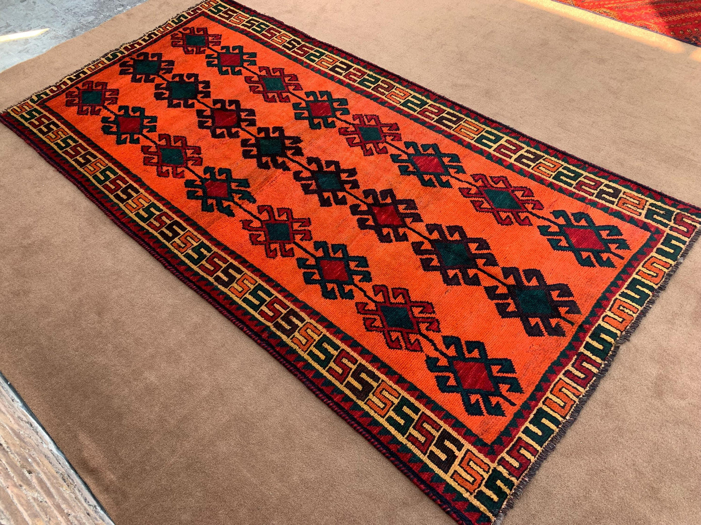 5x9 ft Orange Vintage Turkmen Rug, Handmade Afghan Wool Rug, Oriental Caucasian Rug Soft pile Rug Geometric Antique Rug Bedroom Kitchen Rug.