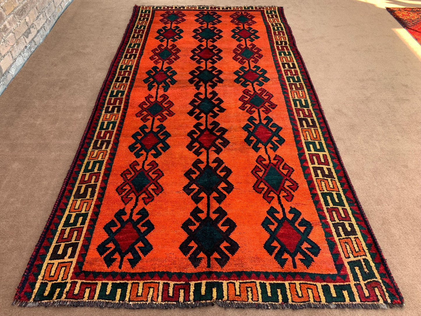 5x9 ft Orange Vintage Turkmen Rug, Handmade Afghan Wool Rug, Oriental Caucasian Rug Soft pile Rug Geometric Antique Rug Bedroom Kitchen Rug.