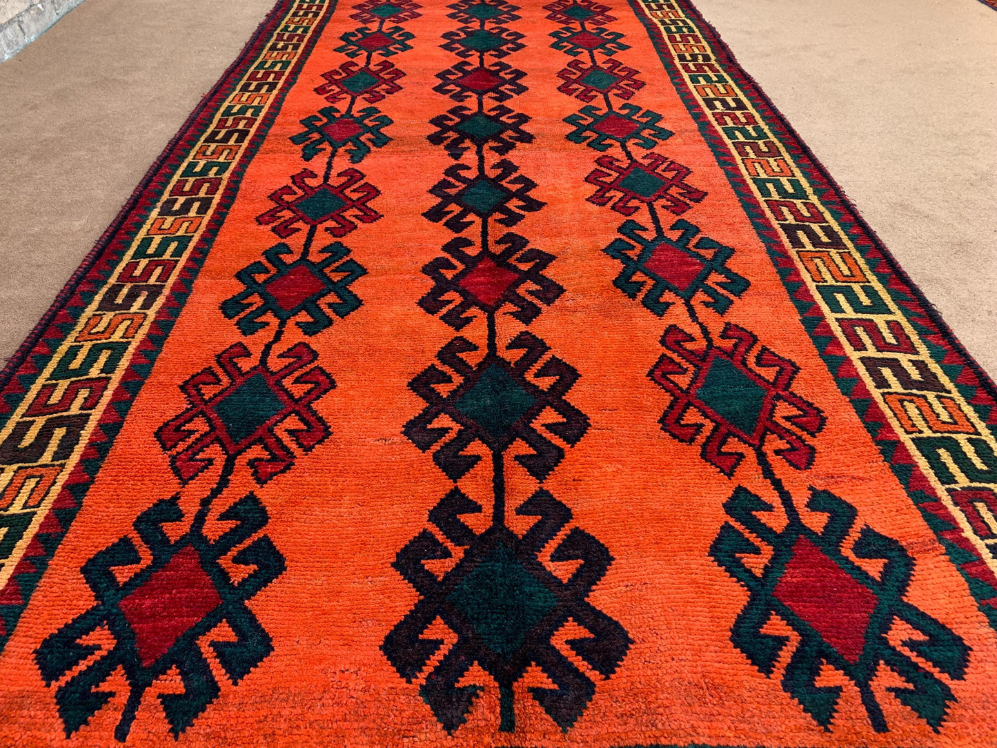 5x9 ft Orange Vintage Turkmen Rug, Handmade Afghan Wool Rug, Oriental Caucasian Rug Soft pile Rug Geometric Antique Rug Bedroom Kitchen Rug.