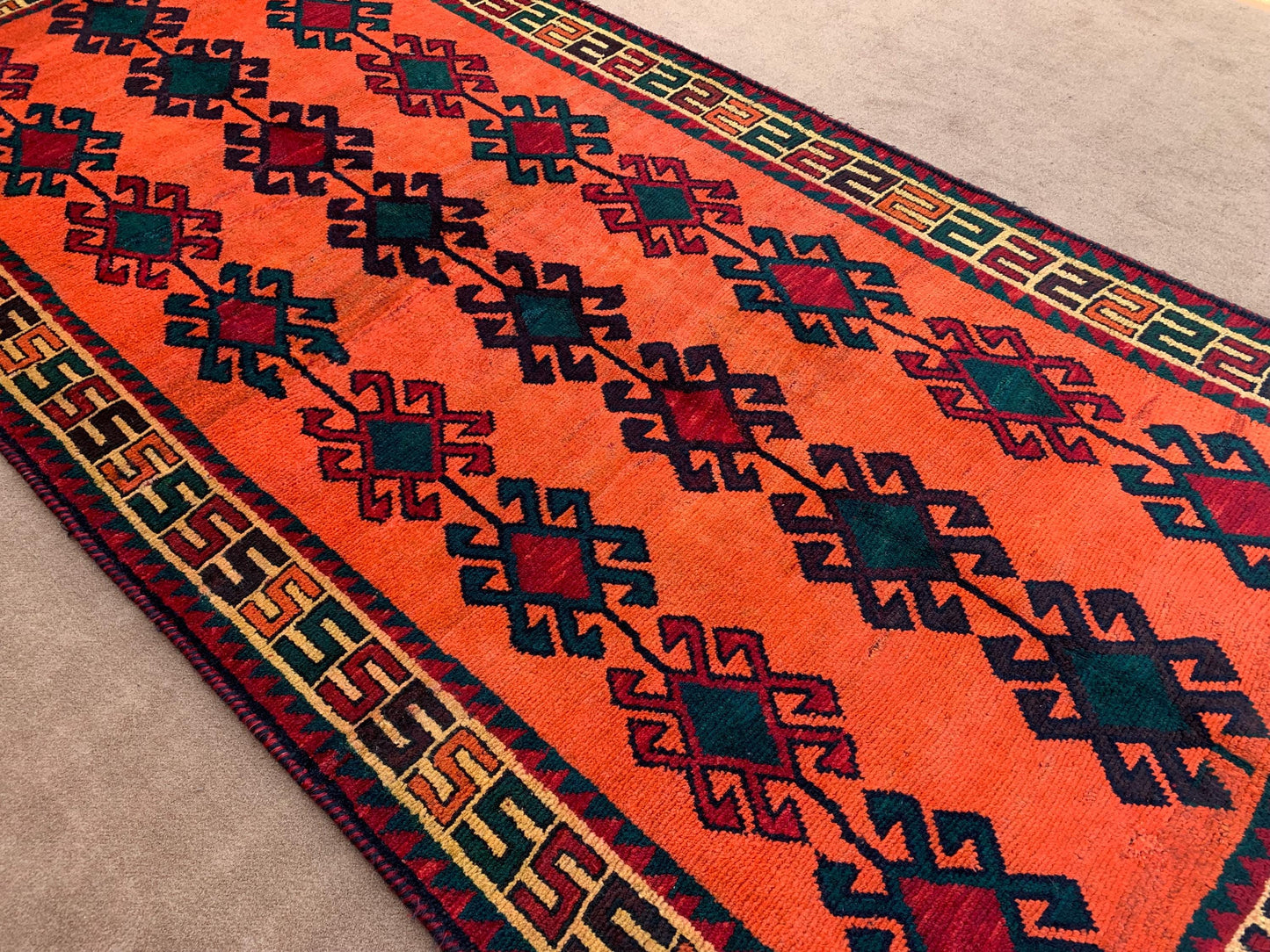 5x9 ft Orange Vintage Turkmen Rug, Handmade Afghan Wool Rug, Oriental Caucasian Rug Soft pile Rug Geometric Antique Rug Bedroom Kitchen Rug.