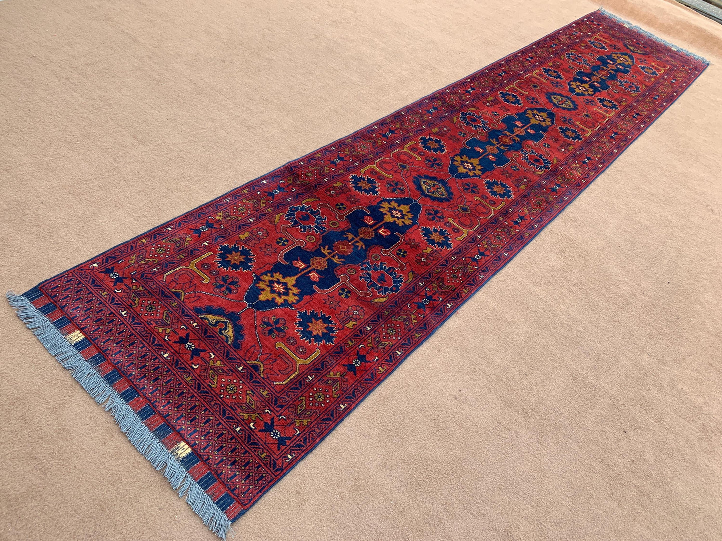 Long Vintage Runner Rug 3x13 ft Afghan Handmade Wool Rug, Bukhara Runner Rug, Oriental Turkmen Rug, Geometric Floral Rug Hallway Runner Rug.