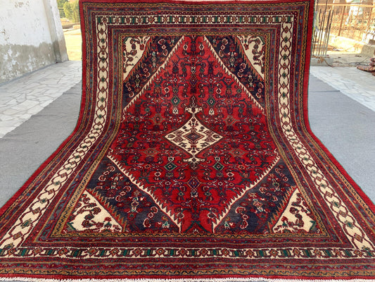 Vintage Afghan Rug 7X10 ft Collectors Piece Rug Handmade Wool Area Rug Floral Geometric Rug Antique Turkmen Rug Bedroom Rug Living Room Rug.