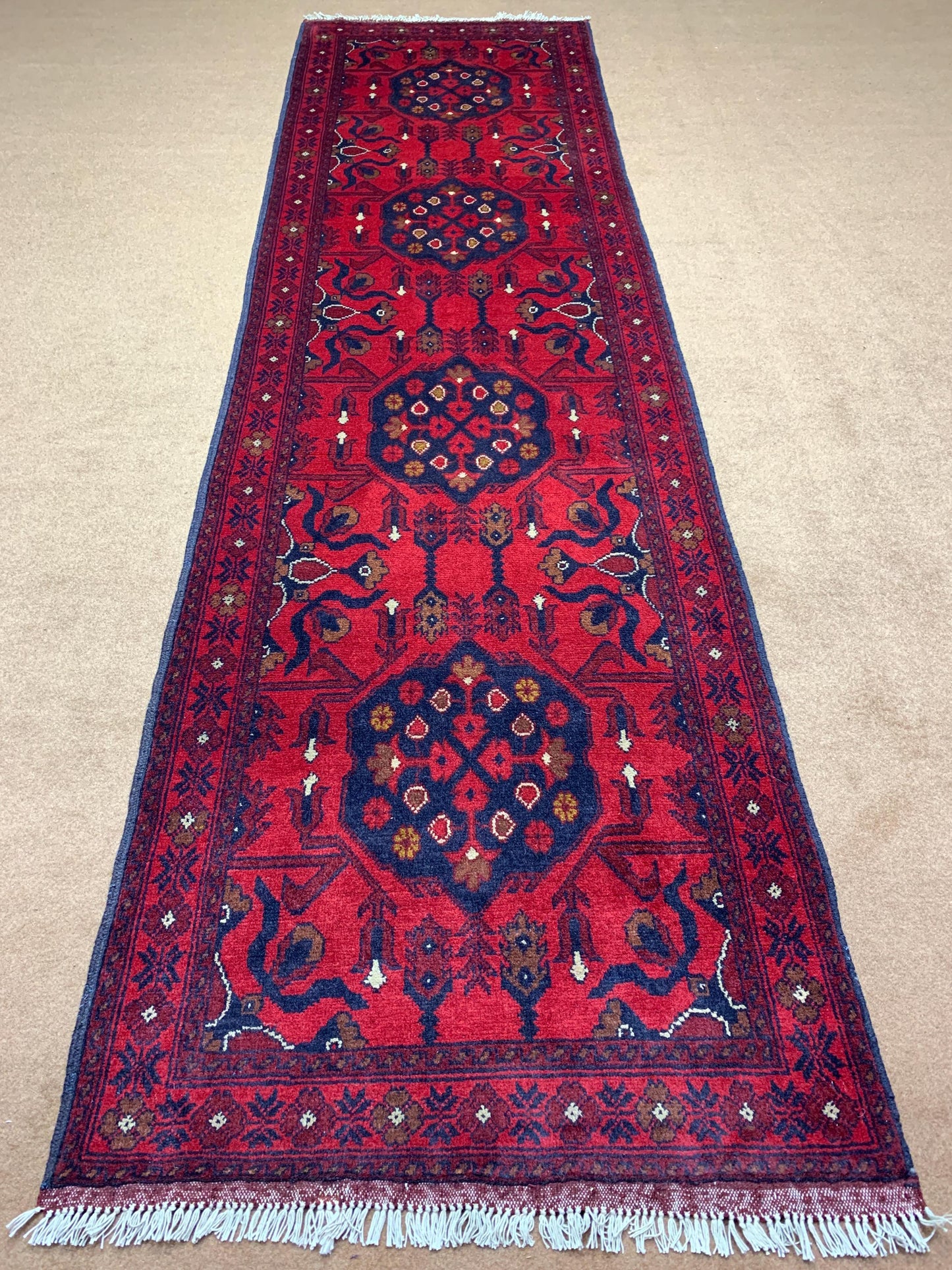 Bukhara Runner Rug 3x10 ft Handmade Afghan Wool Rug, Red Bukhara Floral Rug Oriental Turkmen Rug Khal Mukhammadi Rug Hallway Runner Rug etc.