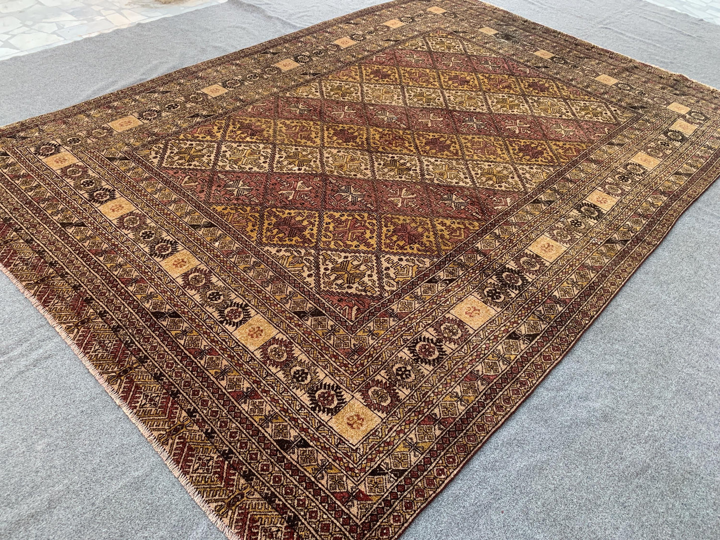 Large Antique Rug 8x11 ft Handmade Wool Rug, Vintage Afghan Rug Geometric Oriental Rug, Turkmen Tribal Rug Dining Table Rug Living Room Rug.