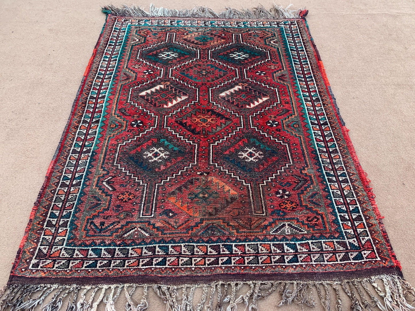 Vintage Rug 4x5 ft Hand Knotted Afghan Wool Area Rug, Turkmen Geometric Rug Caucasian Rug Oriental Tribal Rug 1950s Antique Rug Bedroom Rug.