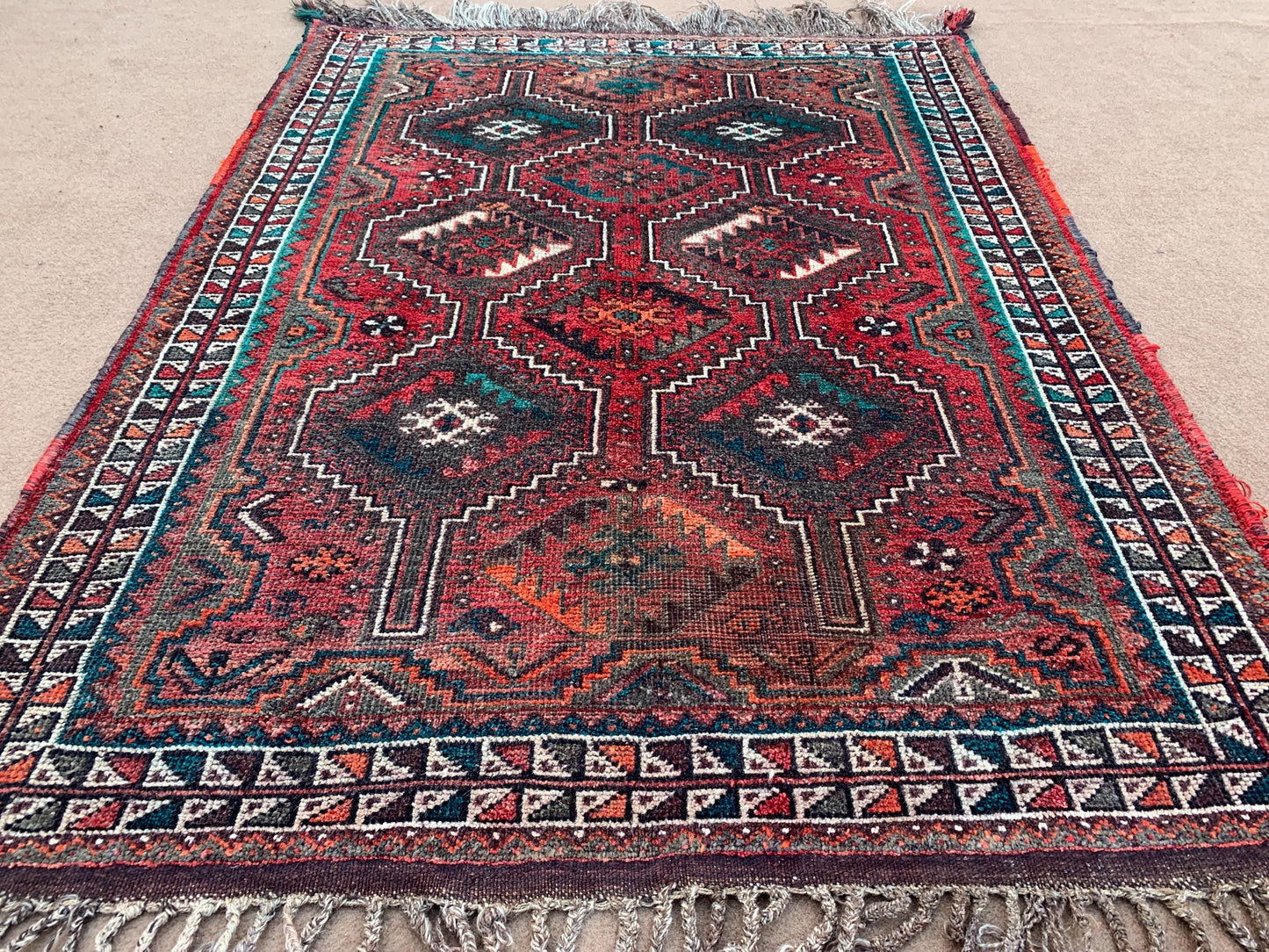 Vintage Rug 4x5 ft Hand Knotted Afghan Wool Area Rug, Turkmen Geometric Rug Caucasian Rug Oriental Tribal Rug 1950s Antique Rug Bedroom Rug.