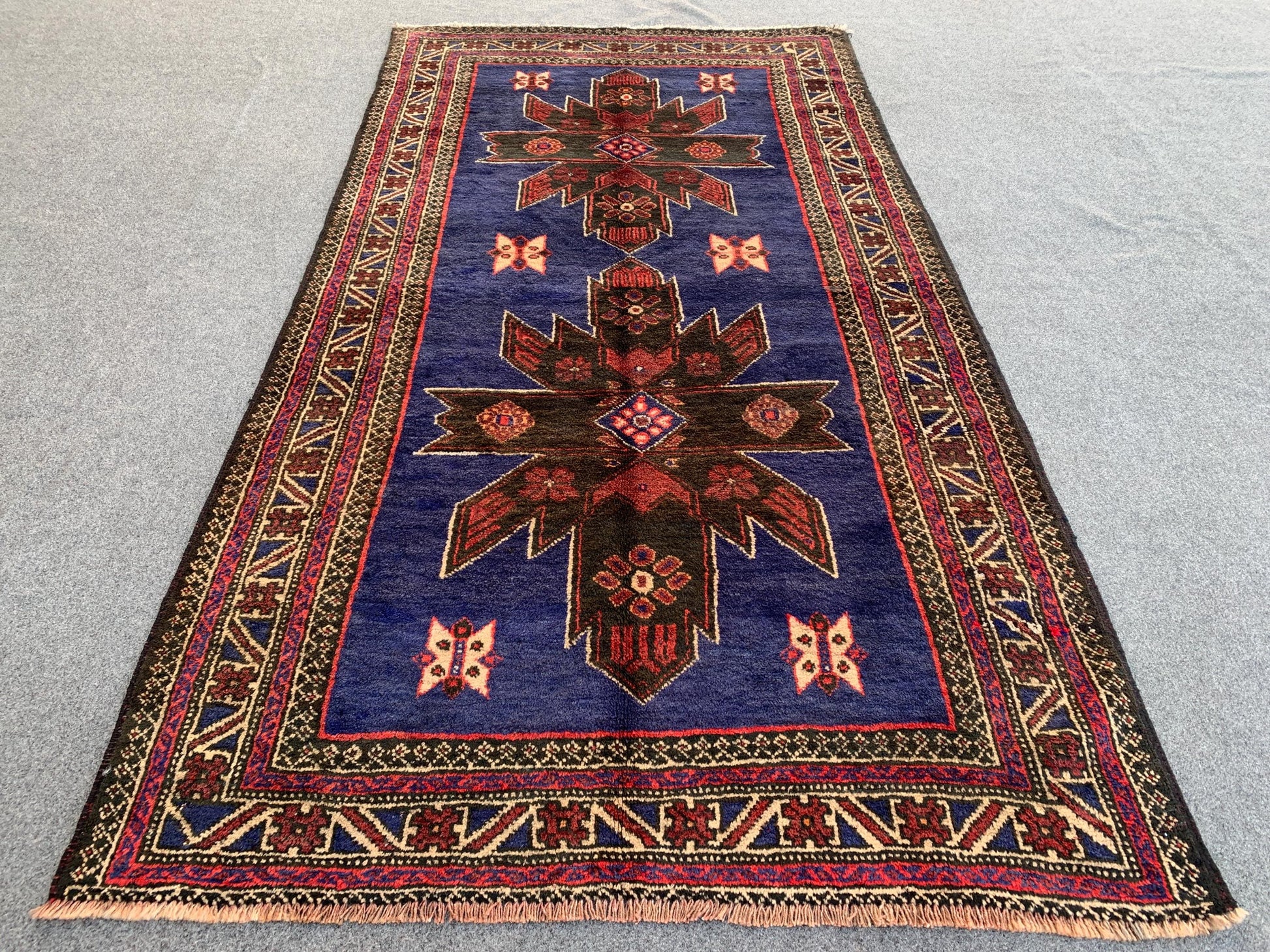 Blue Vintage Rug 4x7 ft Handmade Afghan Rug, Baluchi Rug, Geometric Rug, Oriental Wool Rug, Tribal Antique Rug Entryway Bedroom Kitchen Rug.